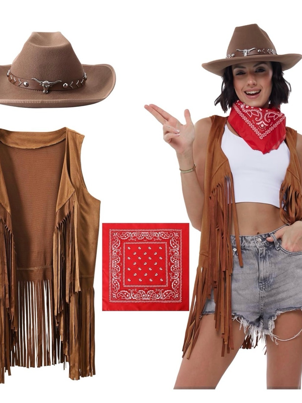 Halloween Cowgirl Costume Set Fringe Vest, Hat and Red Bandana - Brown